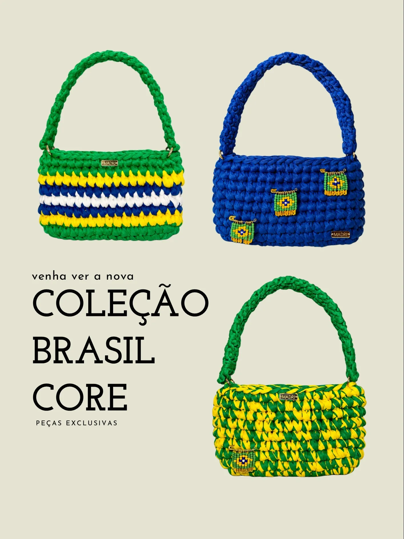 As três bolsas da Coleção Brasil Core 2026 MADRI — Bag Maracanã, Bag Samba e Bag Arena